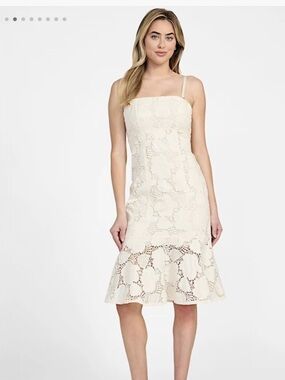 GUESS Cream Strapless Lace Flounce Dress